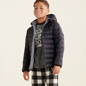ROOTS Kids Reversible Winter Puffer Jacket Hood Black Grey XXL